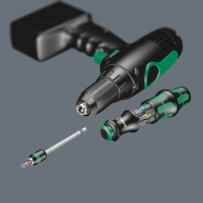 A 2 position telescopic blade can be retracted into the handle for confined space operation or extended for reach. It can also be removed & used as a 100mm bit holder.. Six bits are conveniently integrated into a push-button opening bit magazine.